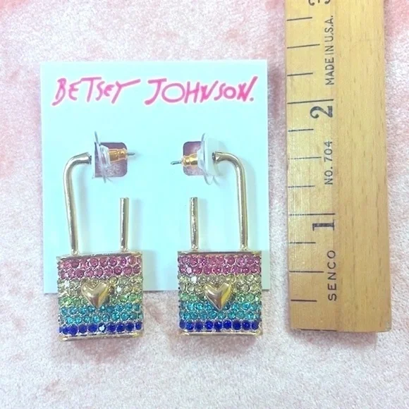 Brand New Betsey Johnson All You Need is Love Locket Crystal Rainbow Earrings - Picture 7 of 14